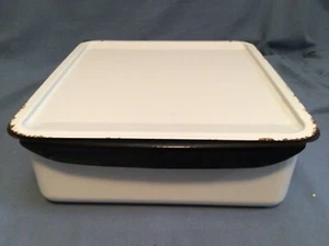 Vtg White Enamelware Pan W/Lid Refrigerator Box Drawer Rectangle 13 x 14 x 4 3/4 - Picture 1 of 22