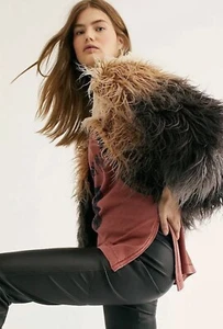 Free People Women Terra Brown Gray Ombre Fringe Shag Preppy Jacket Sz XS  NWT - Picture 1 of 13