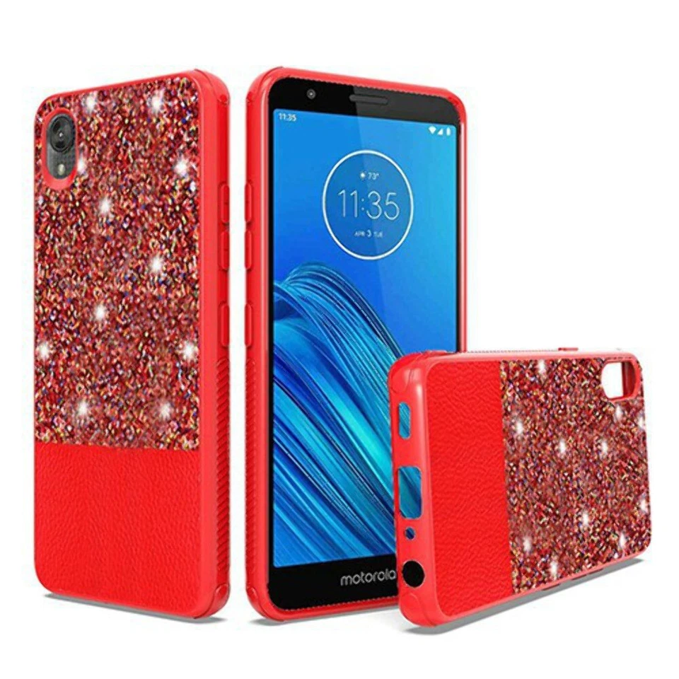 Cuero PU Brillo Híbrido con Funda TPU Cromo Para Motorola Moto E6 ROJO Foto 1 de 1