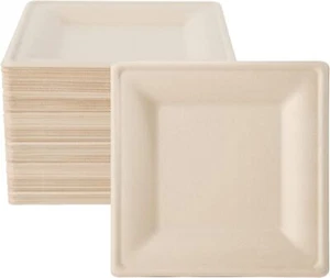 100 Pack 10 inch Compostable Square Plates, Sugarcane Biodegradable - Picture 1 of 7
