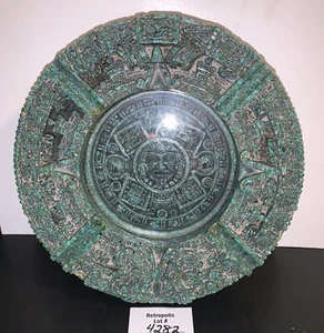 Vintage Large Green Crushed Malachite Stone Ashtray 7" Azter Mayan Calendar - Picture 1 of 23