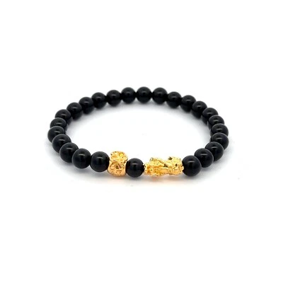 18K Gold Dragon Pixiu Piyao Money Bag Lucky Charm Bracelet Gemstones Onyx 6mm - Image 1 of 4