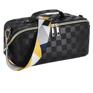 Travel Makeup Bag, PU Leather Waterproof Portable Pouch Open Flat Lay Checker... - Picture 1 of 6