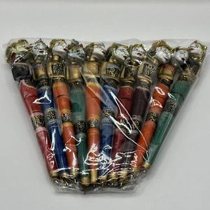 Set Of Ten Indonesian Hand Painted Carved Wood Pen Puppets Pens - Picture 1 of 13