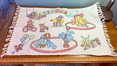 Детский цирк тематический ковер Индии ручной работы клоуны животных цветной 21 x 34 хлопок - Изображение 1 из 4