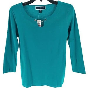 Karen Scott Women Top Teal Green 3/4 Sleeve Chain Keyhole Scoop Neck Shirt XS - Picture 1 of 7