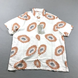 Folk Shirt Men Medium Ivory Floral Linen Blend Button Up Short Sleeves NWT - Picture 1 of 10