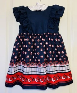 VGUC Janie & Jack Girls 4 Red White Blue Floral July 4th USA Summer Ruffle Dress - Picture 1 of 5