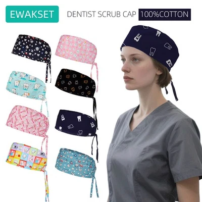 New Dentist Surgical Cap Teeth Print Cotton Dental Nursing Hat Medical Scrub Cap - Image 1 of 4
