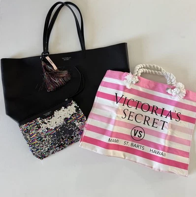 Victoria’s Secret Tote Bag Lot Pink Striped Canvas Black Purse Sequin Pouch NWT - Image 1 of 4