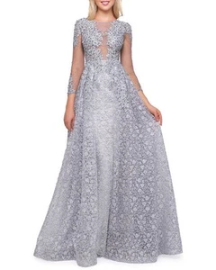 Mac Duggal Boat-Neck 3/4-Sleeve Illusion Gown with Lace Overlay Size 4 $798 - Imagen 1 de 4