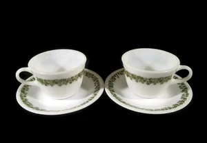 Corning Corelle Spring Blossom Crazy Daisy Set of 2 Milk Glass Cups with Saucers - Picture 1 of 13