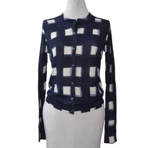 Tory Burch Cardigan Sweater Womens Small Navy Antibesa Cotton Geometric Pattern - Picture 1 of 11