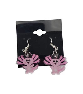 Adorable Axolotl Acrylic Dangle Earrings with Sterling Hooks 1" x .8" - Picture 1 of 4
