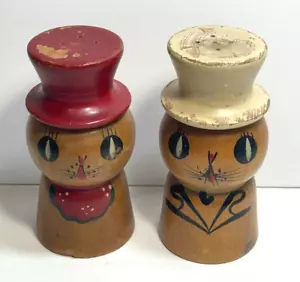 Vintage Katze Holz Salz & Pfefferstreuer 5" - Zylinder Hüte - Bild 1 von 6