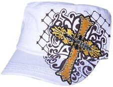 Women's Cadet White Hat Rhinestone Yellow Cross Design Hat Cap Summer Trendy