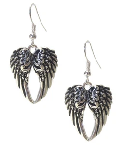 "Pendientes de ala de ángel tono plata corazón colgante antiguo aspecto vintage 1 3/4"" de largo" - Imagen 1 de 2