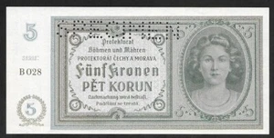 Bohemia & moravia 5 kronen 5 korun 1940 SPECIMEN  P-4s   serie B028 UNC - Picture 1 of 2