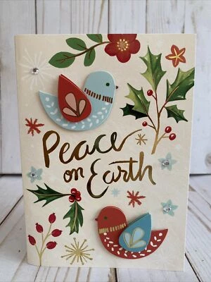 Cartão de férias Peace On Earth multicamadas pássaros cristal strass alegrias da temporada - Imagem 1 de 4