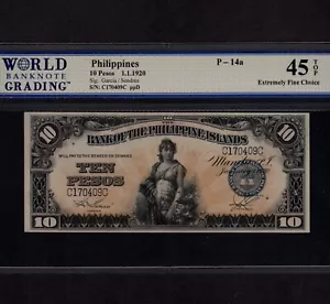 Philippines 10 Pesos 1920 P-14a * WBG 45 TOP * Rare Grade * - Picture 1 of 2