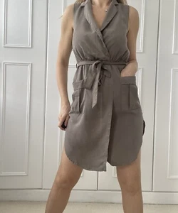 Lovers + Friends Beige Brown Crossover Front Coloured Tie Waist Dress Size 6-8 - Picture 1 of 9