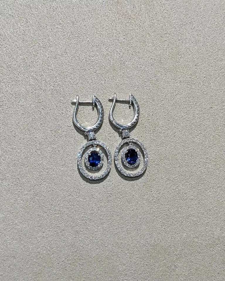 1.50 Ct Oval Cut Natural Blue Sapphire Diamond Earring Stud 14K Real White Gold - Image 1 of 4