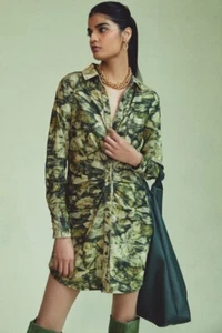 Pilcro Anthropologie Green Floral Corduroy Velvet Ruched Dress Size 2 - Picture 1 of 12