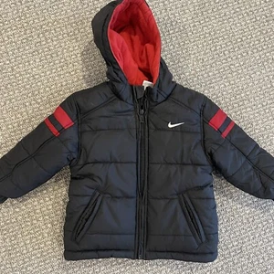 Nike Coat Kids Size 2T Puffer Fleece Lined Black Hooded Red Full Zip Swoosh - Picture 1 of 6