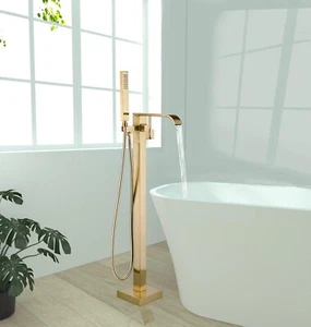 Brushed Gold Floor Mount Freestanding Bathtub Faucet Tub Filler with Hand Shower - Picture 1 of 8