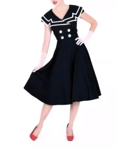 1X 46 VTG BETTIE PINUP SAILOR GIRL 50s ALINE BLACK DRESS RETRO COUTURE CLOTHING - Picture 1 of 7