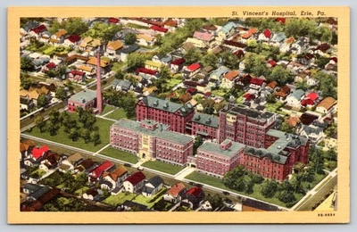 Erie Pennsylvania~St Vincent Hospital Bldg Air View~Smokestack~Linen Postcard - Image 1 of 2