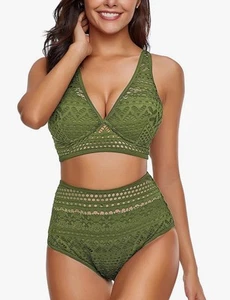 Conjunto de bikini de dos piezas de encaje de ganchillo cintura alta cuello en V para mujer traje de baño talla pequeña - Imagen 1 de 3