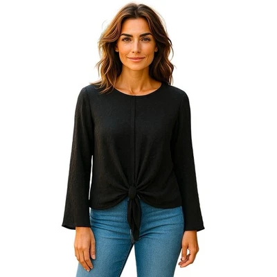 Túnica Noa Elle Mujer Talla Mediana Negra Floral Textura Nudo Frontal Manga Larga Foto 1 de 4