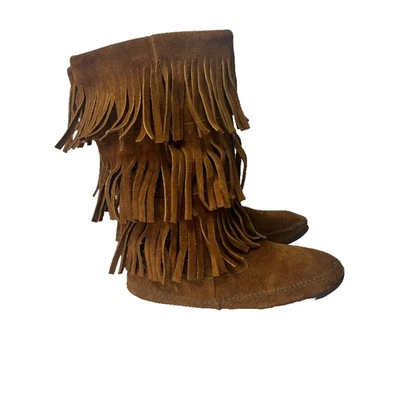 Minnetonka Moccasin Boots Womens 10 MidCalf Brown Suede 3 Layer Fringe Boho Vtg - Image 1 of 4