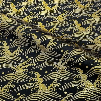 Kyoto Nishijin Brocade Kimono obi Fabric 28x20in Wild Wave Black Gold - Image 1 of 4