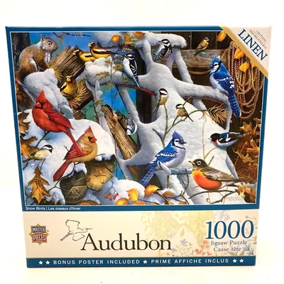 Master Pieces Jigsaw Puzzle 1000 Linen Pieces Audubon Snow Birds Winter Poster - Image 1 of 4