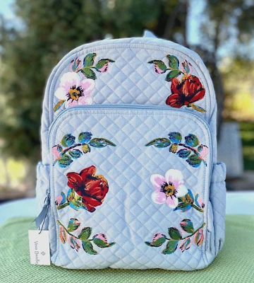 Vera Bradley FULL SIZE Campus Backpack SEA AIR FLORAL Embroidered Denim NWOT - Image 1 of 4
