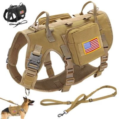 Military Tactical No Pull Dog Training Vest Harness + Leash+ Pouches+ US Patches - Image 1 of 4