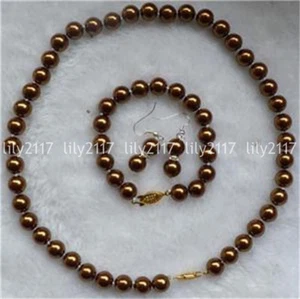 8/10/12/14mm Round Brown South Sea Shell Pearl Necklace Bracelets Earrings Set - Picture 1 of 7