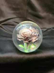 Large Vintage Art Glass Paperweight 3.25" Purple Flower Butterflies - Picture 1 of 11