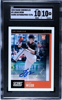 2020 Panini Chronicles #9 Logan Webb SCORE /96 SGC 10 w/10 AUTO RC - Image 1 of 2