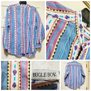 Vtg Bugle Boy Shirt Mens Medium Blue Purple Southwest Aztec Cowboy Skater Stitch - Picture 1 of 16