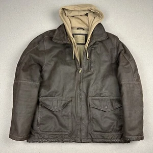 Columbia Jacket Men L Coat Zipper Lined Waxed Cotton Hoodie Brown Safari - Picture 1 of 12