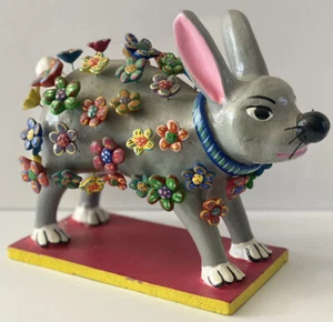 Gerardo Ortega VTG Mexican Clay Flower Rabbit Folk Whimsical Painting Sculpture - Picture 1 of 24