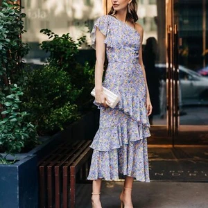 Shoshanna Priya One Shoulder Midikleid Gr. 2 Blumen Rüschen Stufen Cocktail - Bild 1 von 12