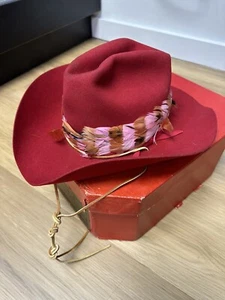1950s 1960s Vintage Red Wool Cowboy Hat Feathers With Box - Picture 1 of 13