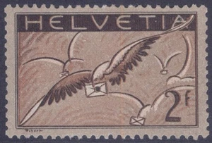 SWITZERLAND C15 1930 2FR BLK BROWN BIRD CARRYING LETTER AIR POST MNH CV$130 - Picture 1 of 2