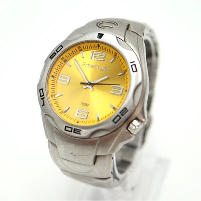 Дайверские часы Freestyle из нержавеющей стали 38 мм желтый циферблат серебристый тон с новым аккумулятором - Изображение 1 из 4