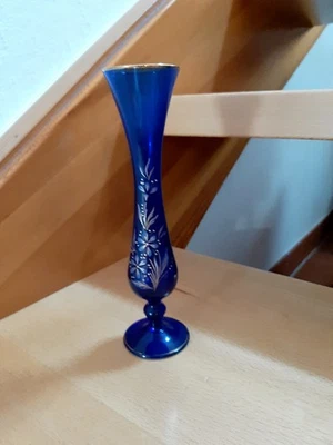 Glasvase blau schmal - Höhe: 20 cm Blumenmuster - Bild 1 von 3
