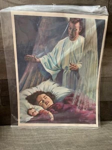 Vintage lithograph print Guardian Angel Father Protecting Girls Dreams Art - Picture 1 of 5